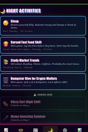 Wacky Wall Street night activities gameplay screen